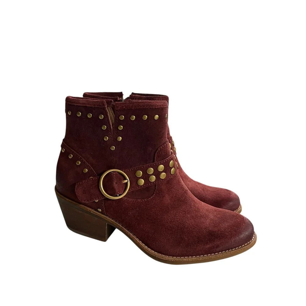 NWOT Sofft Burgundy Suede Studded Western Ankle Boots Buckle Harness 7.5M